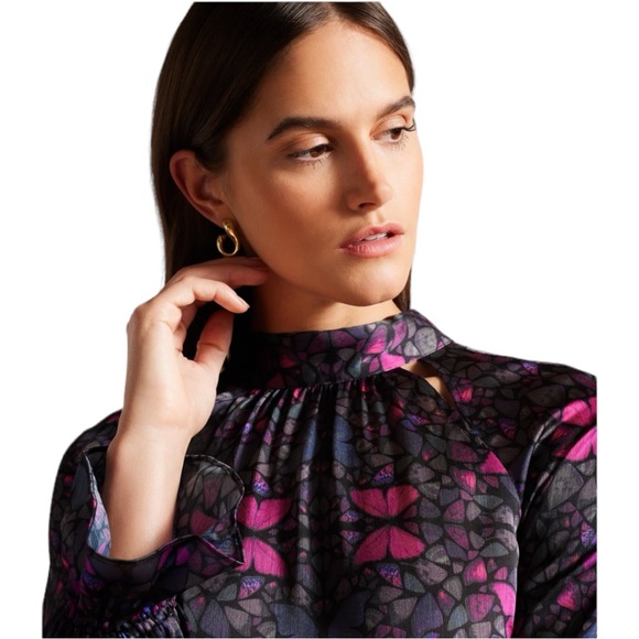 Ted Baker Heidyii Mosaic Butterfly Print Mock Neck Blouse with Cut Outs(6/US 14) - Picture 3 of 15